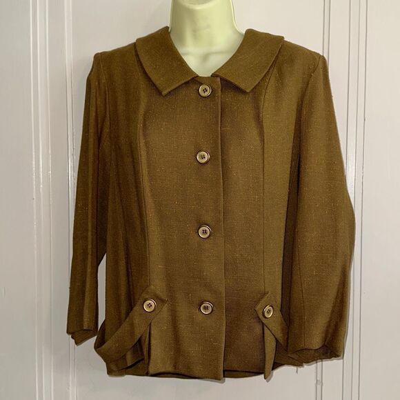 Vintage 60s Herman Marcus tan light nubby tweed jacket with gold buttons - Picture 1 of 9
